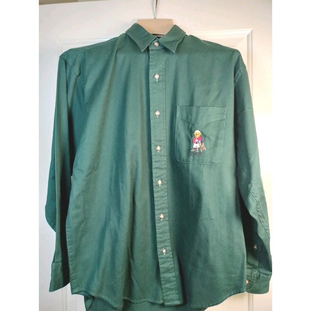 Polo Ralph Lauren Sled Ski Bear Green Twill Button Down Shirt Mens Size Large L